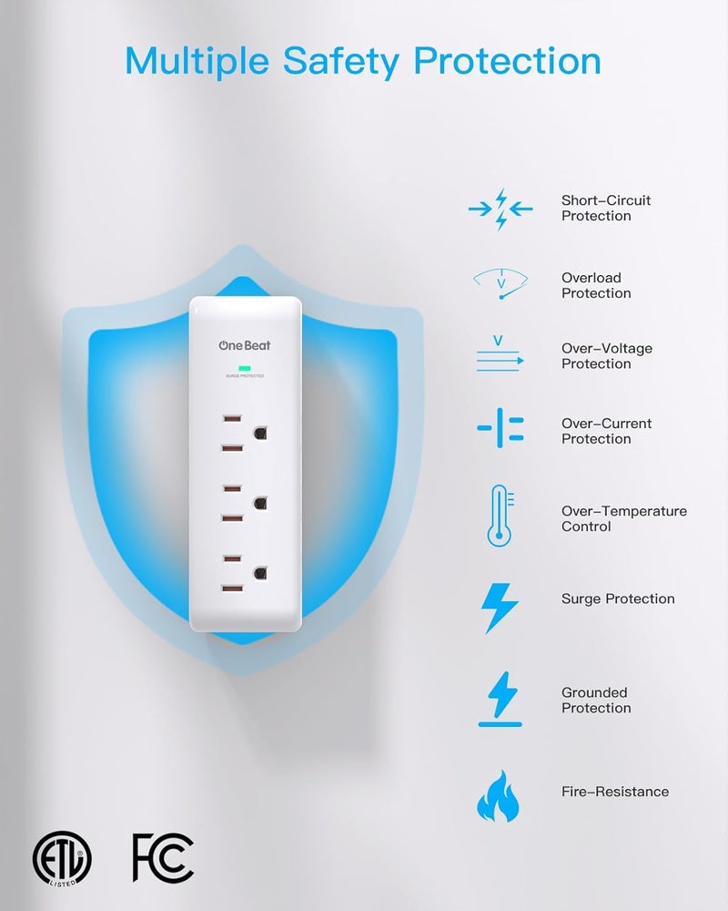 One Beat Surge Protector Outlet Extender with Rotating Plug, 9 AC Multi Plug Wall Outlet Expander, 1800J Wall Charger, 3-Sided Power Strip Electrical Plug Adapter Outlet Splitter for Home Office College Dorm - Image 5